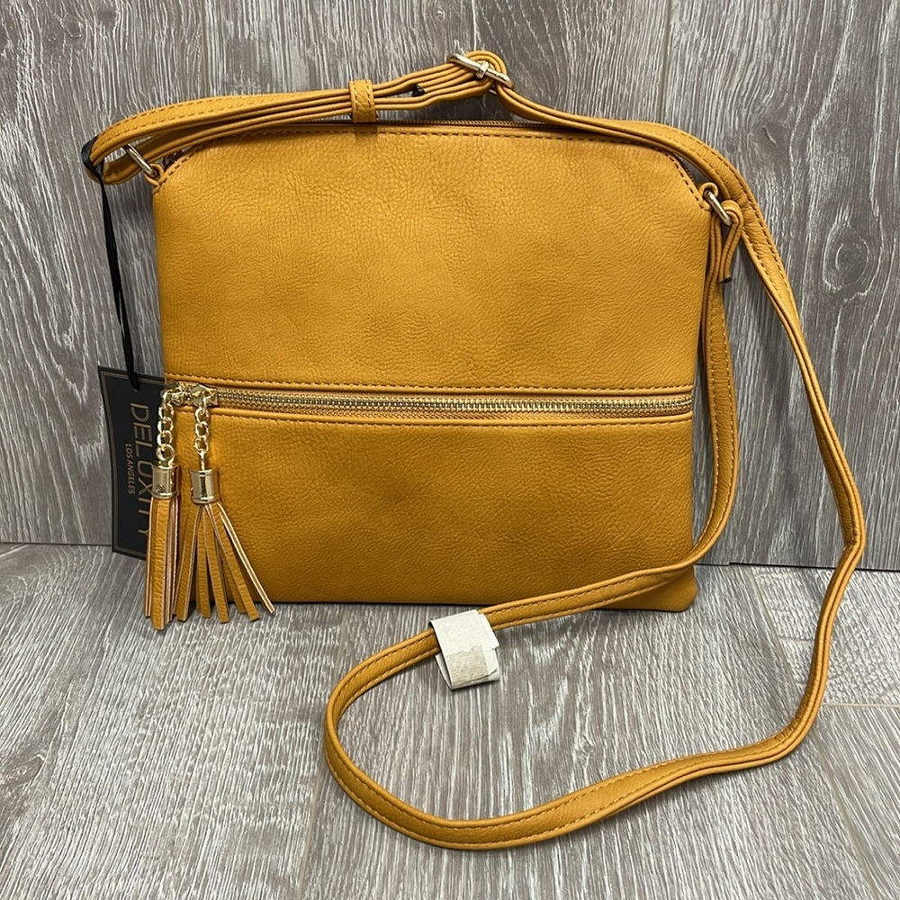 NWT Deluxity Los Angeles Tassel Crossbody Purse Handbag Faux Leather Mustard